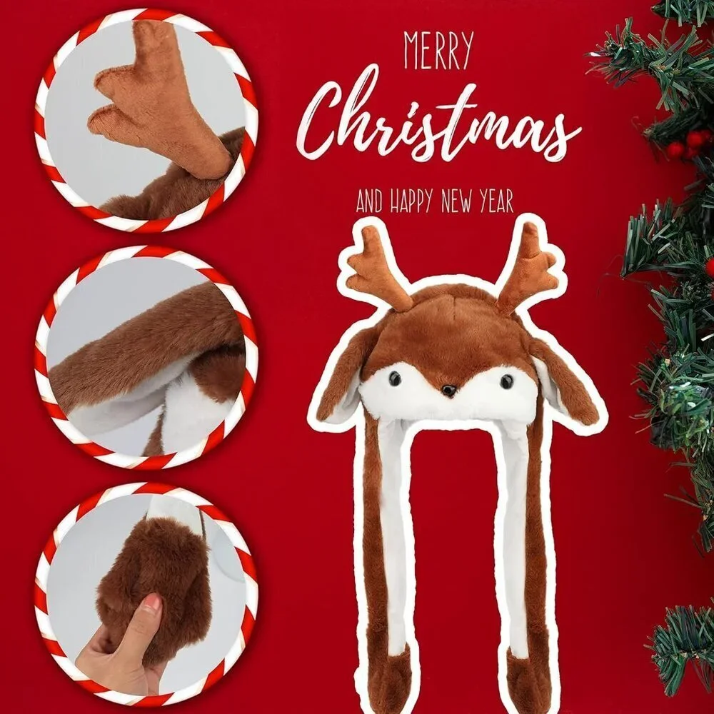 Kids Elk Animal Hat with Ears Moving Jumping Pop Up Beating Plush Holiday